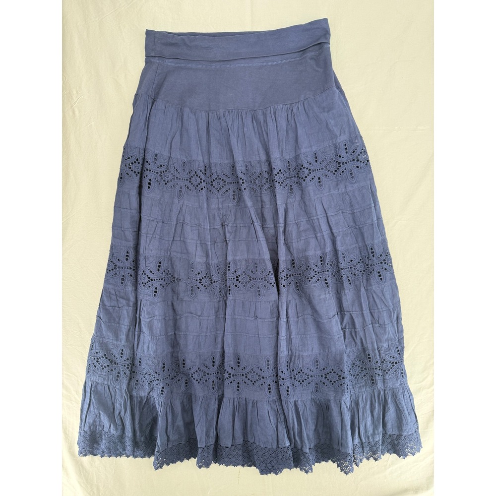 100% Cotton Cute Options Blue Eyelet Tiered Maxi Skirt XL Boho Lace Hem